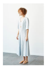 V-Neck Midi Linen Dress with Elbow-Length Sleeves